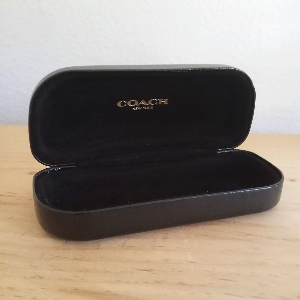 COACH Hard Eyeglasses Case Gold Logo Embossed Black Smooth Leather Clamshell